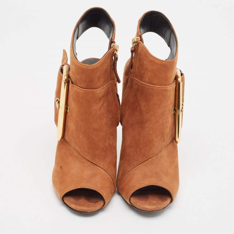 Pre Owned Giuseppe Zanotti Brown Nubuck Leather Buckle Detail Ankle Length Boots Size 37.5