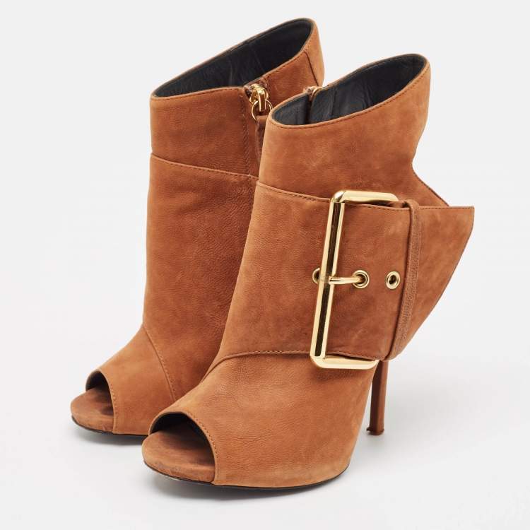 Pre Owned Giuseppe Zanotti Brown Nubuck Leather Buckle Detail Ankle Length Boots Size 37.5