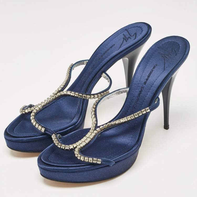 Pre Owned Giuseppe Zanotti Blue Satin Crystal Embellished Platform Slide Sandals Size 39