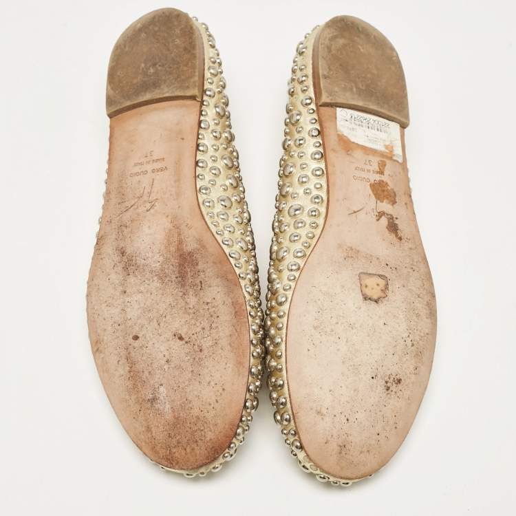 Pre Owned Giuseppe Zanotti Gold Leather Embellished Ballet Flats Size 37