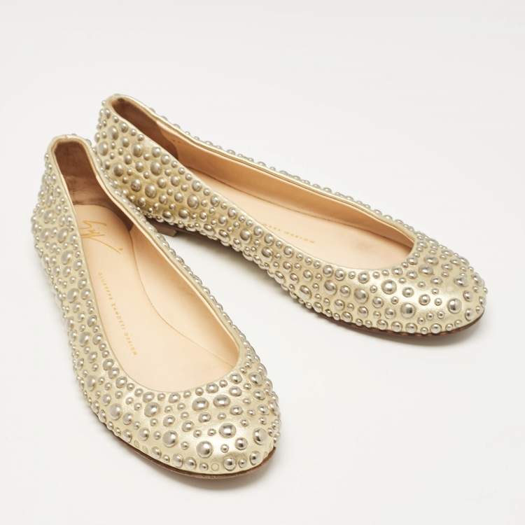 Pre Owned Giuseppe Zanotti Gold Leather Embellished Ballet Flats Size 37