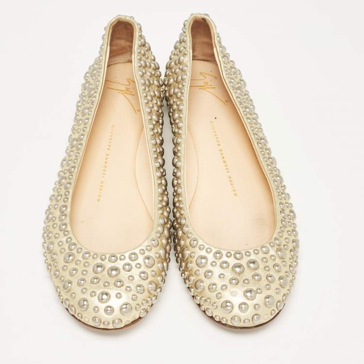Pre Owned Giuseppe Zanotti Gold Leather Embellished Ballet Flats Size 37