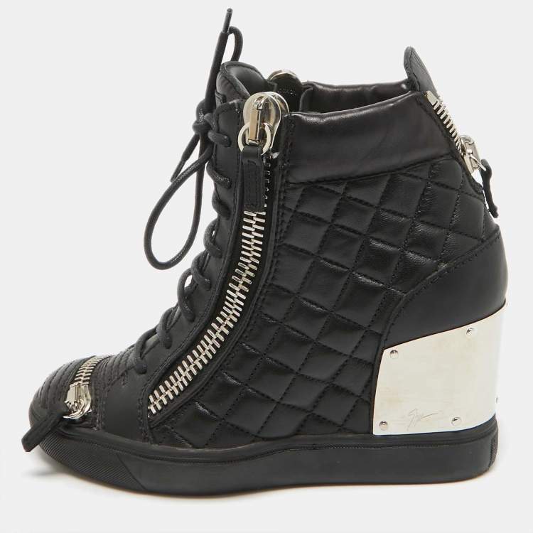 Pre Owned Giuseppe Zanotti Black Quilted Leather Wedge Sneakers Size 38.5