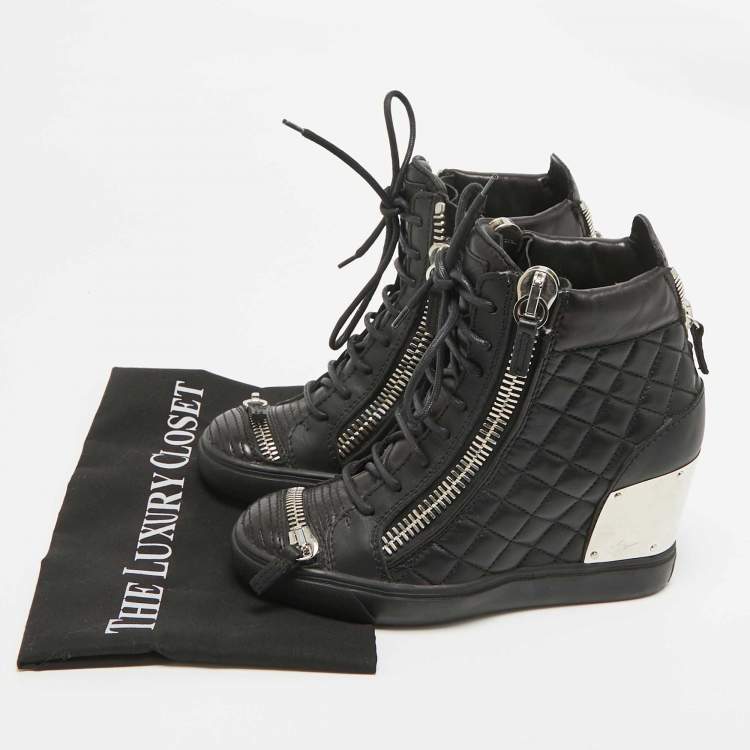 Pre Owned Giuseppe Zanotti Black Quilted Leather Wedge Sneakers Size 38.5