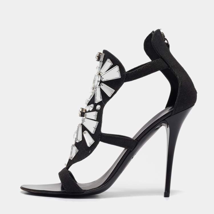 Pre Owned Giuseppe Zanotti Black Canvas Mirror Embellished Sandals Size 38