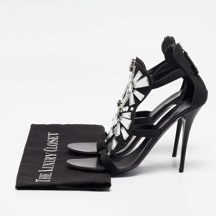 Pre Owned Giuseppe Zanotti Black Canvas Mirror Embellished Sandals Size 38