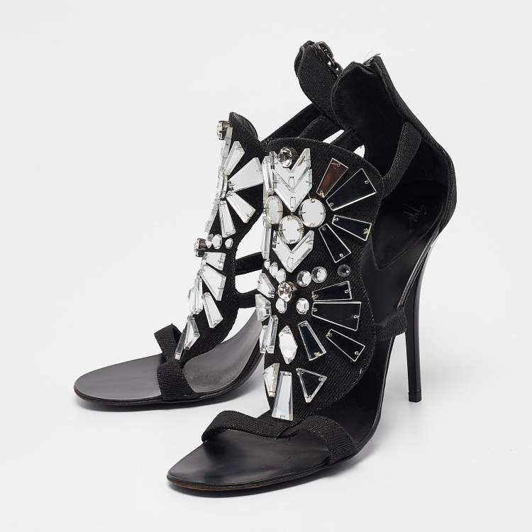 Pre Owned Giuseppe Zanotti Black Canvas Mirror Embellished Sandals Size 38