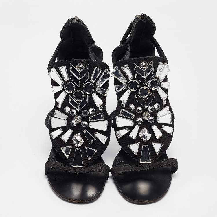 Pre Owned Giuseppe Zanotti Black Canvas Mirror Embellished Sandals Size 38
