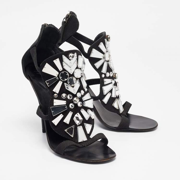 Pre Owned Giuseppe Zanotti Black Canvas Mirror Embellished Sandals Size 38