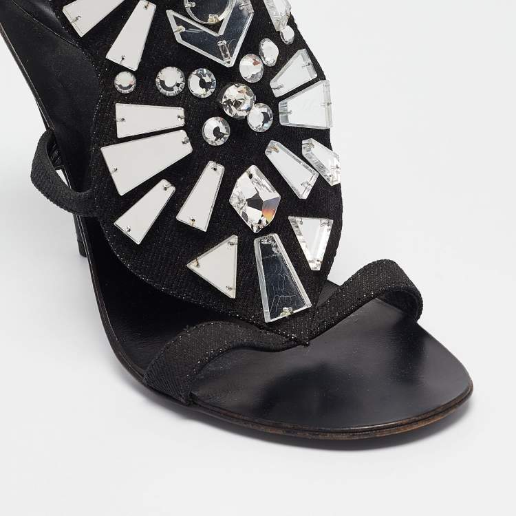 Pre Owned Giuseppe Zanotti Black Canvas Mirror Embellished Sandals Size 38