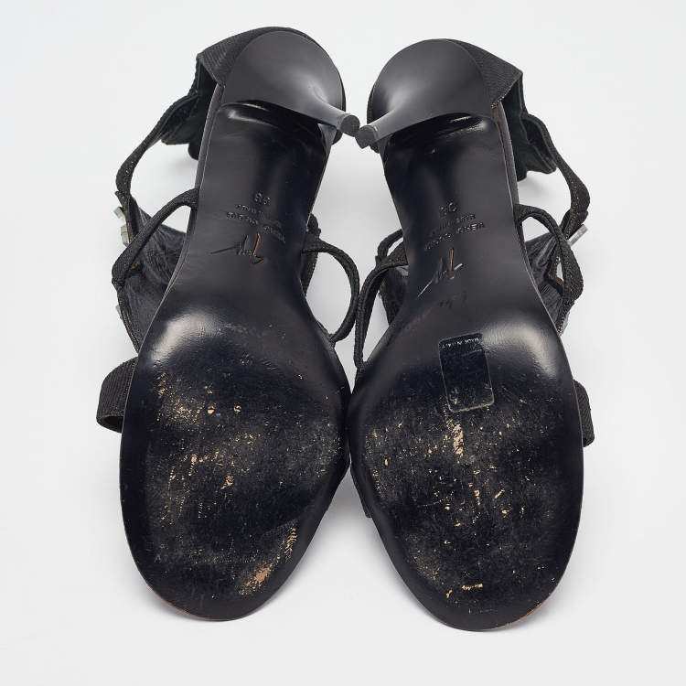 Pre Owned Giuseppe Zanotti Black Canvas Mirror Embellished Sandals Size 38