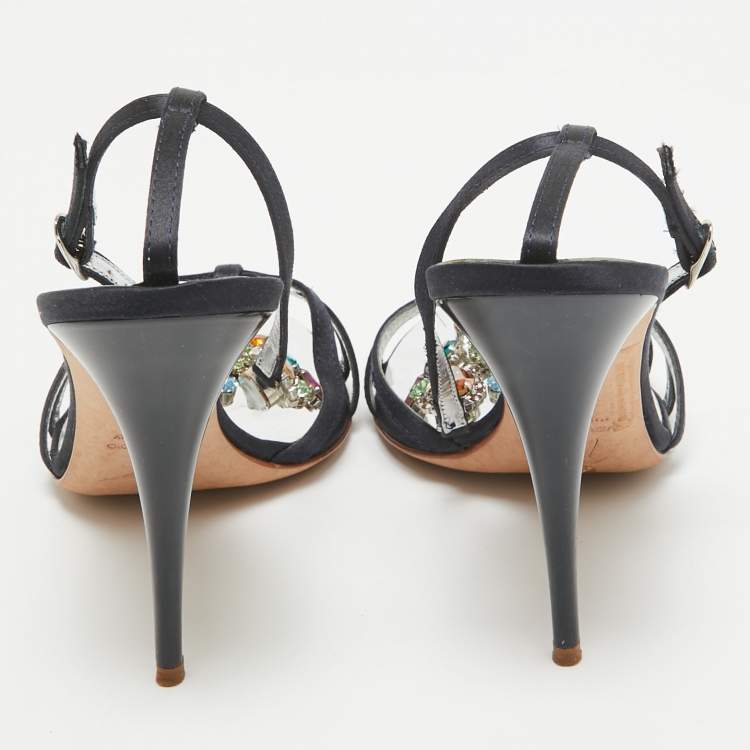 Pre Owned Giuseppe Zanotti Navy Blue Satin Crystals Embellished Ankle Strap Sandals Size 39.5