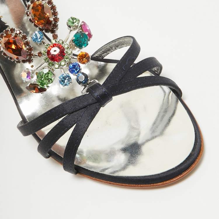 Pre Owned Giuseppe Zanotti Navy Blue Satin Crystals Embellished Ankle Strap Sandals Size 39.5