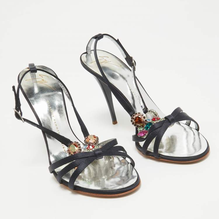Pre Owned Giuseppe Zanotti Navy Blue Satin Crystals Embellished Ankle Strap Sandals Size 39.5