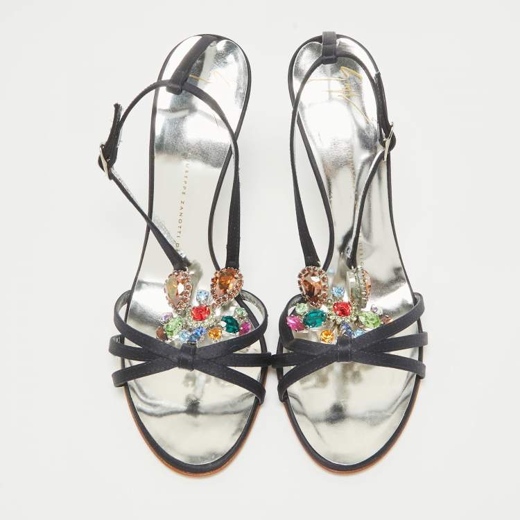 Pre Owned Giuseppe Zanotti Navy Blue Satin Crystals Embellished Ankle Strap Sandals Size 39.5