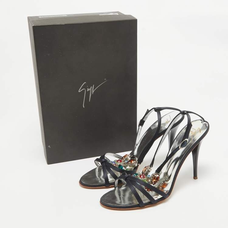 Pre Owned Giuseppe Zanotti Navy Blue Satin Crystals Embellished Ankle Strap Sandals Size 39.5