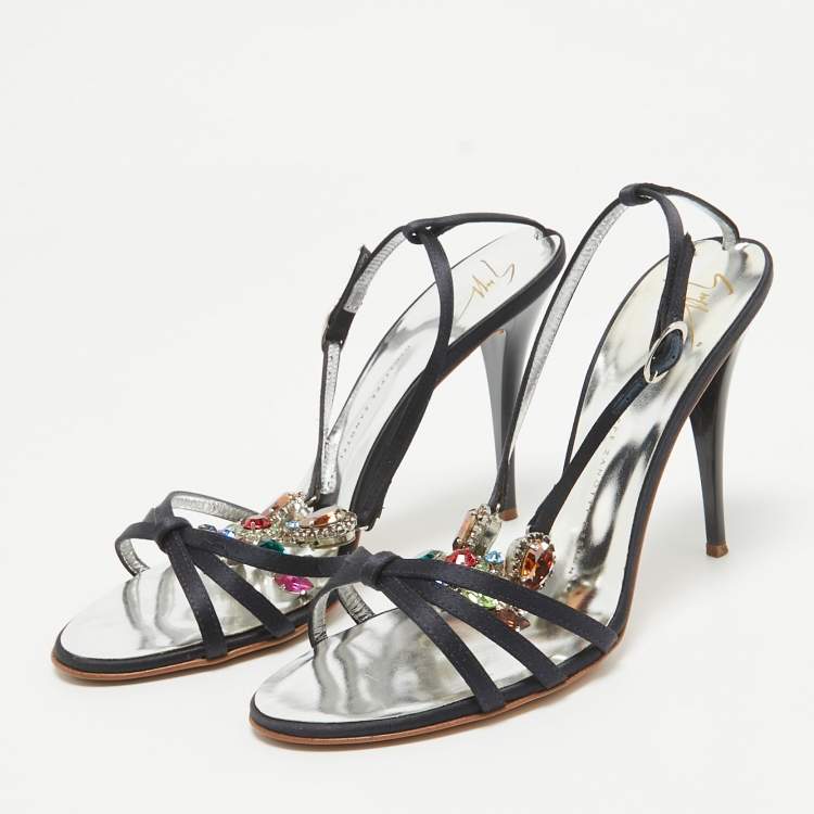 Pre Owned Giuseppe Zanotti Navy Blue Satin Crystals Embellished Ankle Strap Sandals Size 39.5