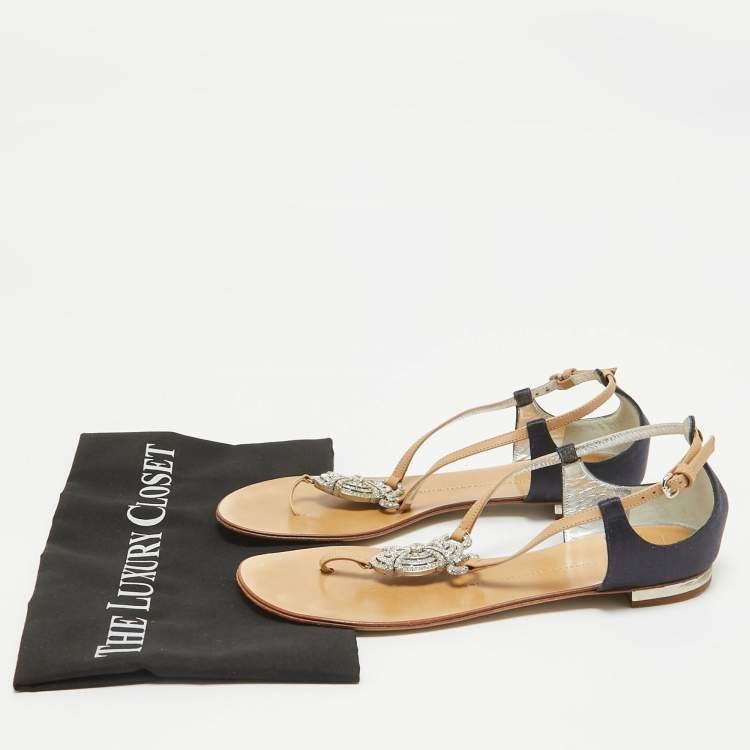 Pre Owned Giuseppe Zanotti Brown/Navy Blue Leather and Satin Ankle Strap Sandals Size 39.5