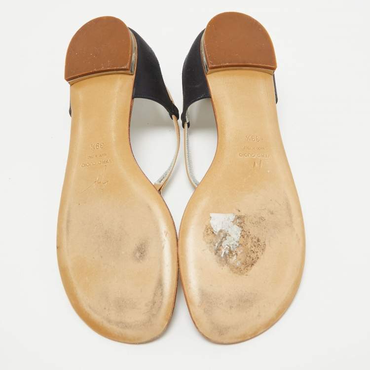 Pre Owned Giuseppe Zanotti Brown/Navy Blue Leather and Satin Ankle Strap Sandals Size 39.5