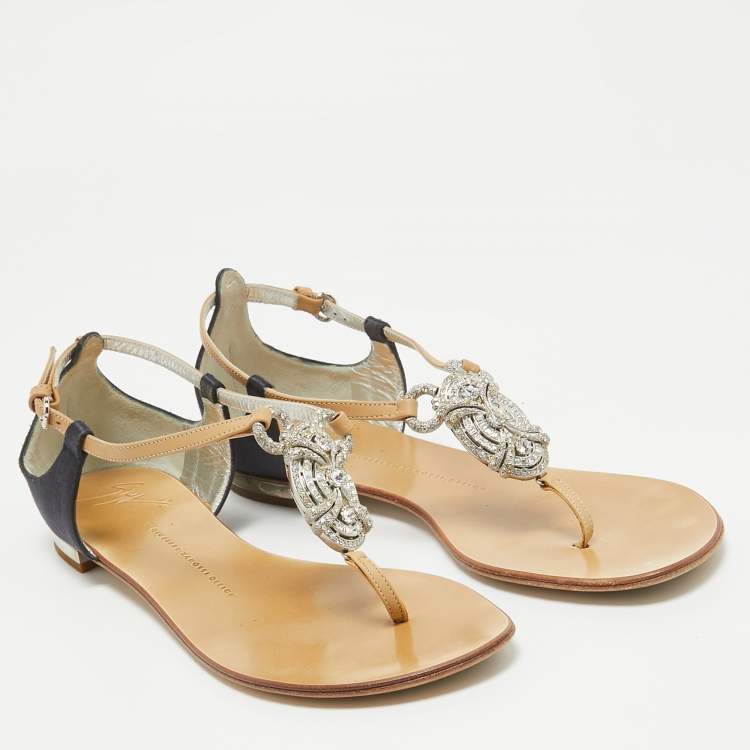 Pre Owned Giuseppe Zanotti Brown/Navy Blue Leather and Satin Ankle Strap Sandals Size 39.5