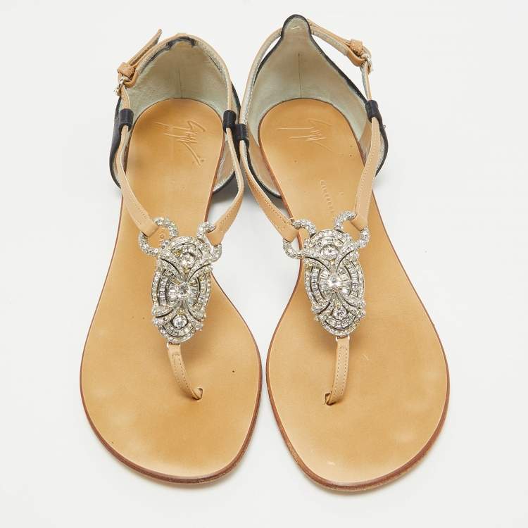 Pre Owned Giuseppe Zanotti Brown/Navy Blue Leather and Satin Ankle Strap Sandals Size 39.5