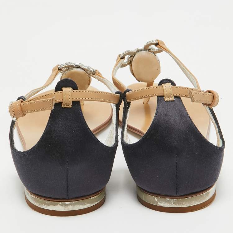 Pre Owned Giuseppe Zanotti Brown/Navy Blue Leather and Satin Ankle Strap Sandals Size 39.5