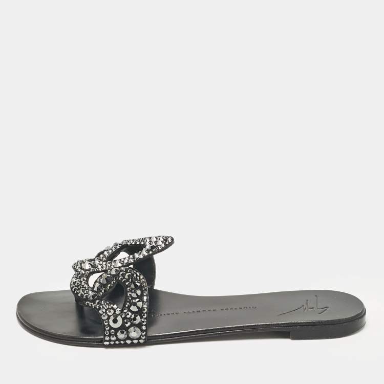Pre Owned Giuseppe Zanotti Black Suede Crystal Embellished Flat Slides Size 37