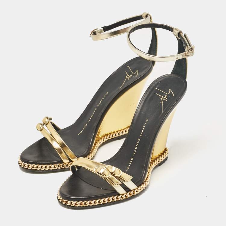 Pre Owned Giuseppe Zanotti Gold Leather Ankle Strap Sandals Size 36
