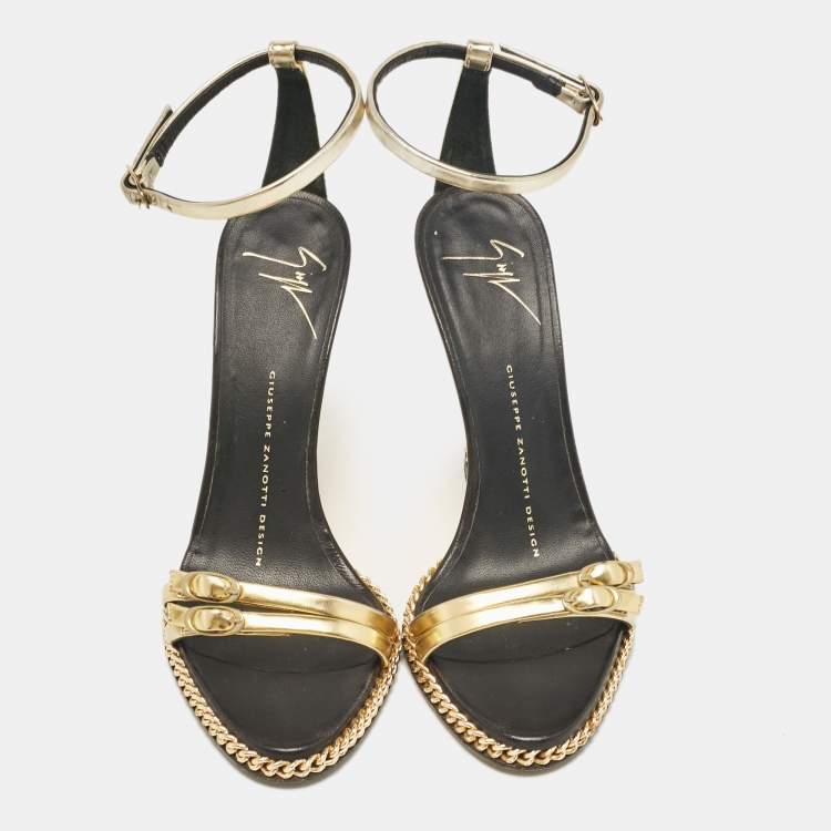 Pre Owned Giuseppe Zanotti Gold Leather Ankle Strap Sandals Size 36