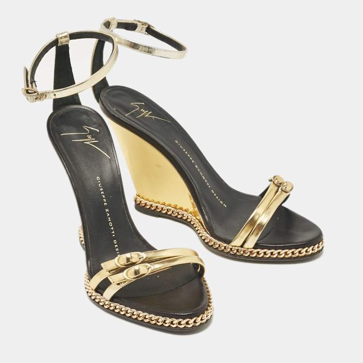 Pre Owned Giuseppe Zanotti Gold Leather Ankle Strap Sandals Size 36