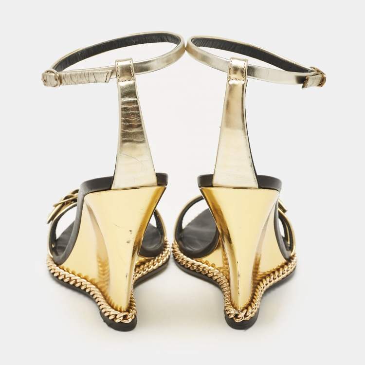 Pre Owned Giuseppe Zanotti Gold Leather Ankle Strap Sandals Size 36
