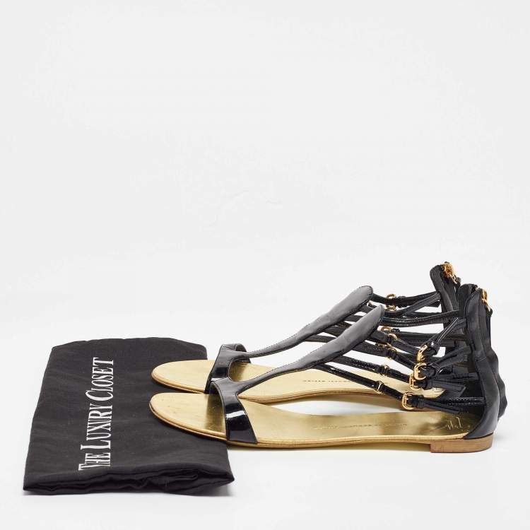 Pre Owned Giuseppe Zanotti Black Patent Leather Ankle Strap Flat Sandals Size 40