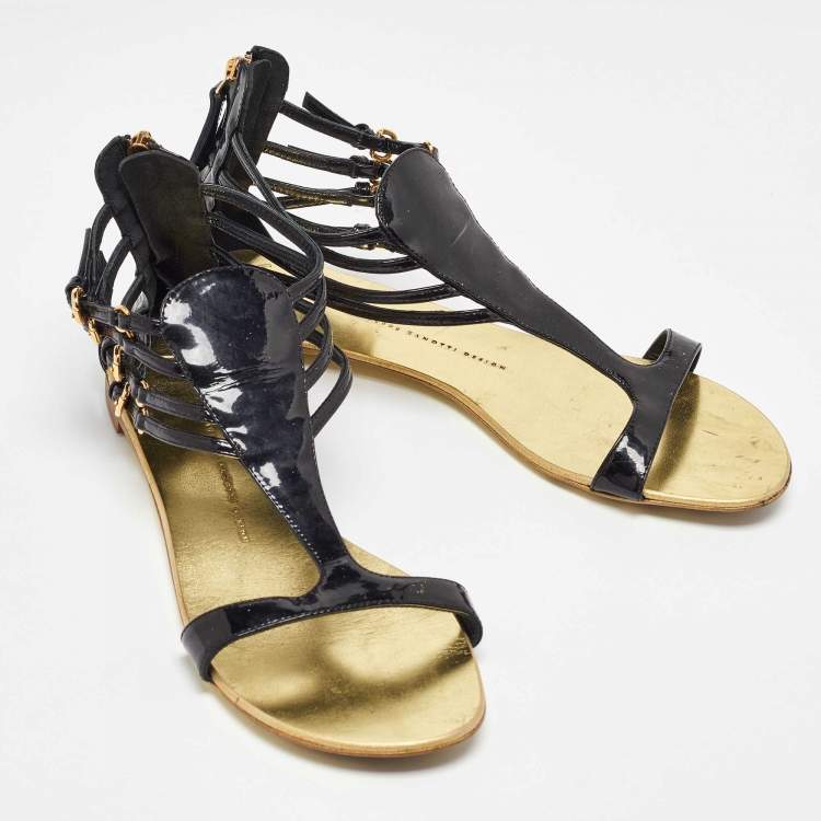 Pre Owned Giuseppe Zanotti Black Patent Leather Ankle Strap Flat Sandals Size 40
