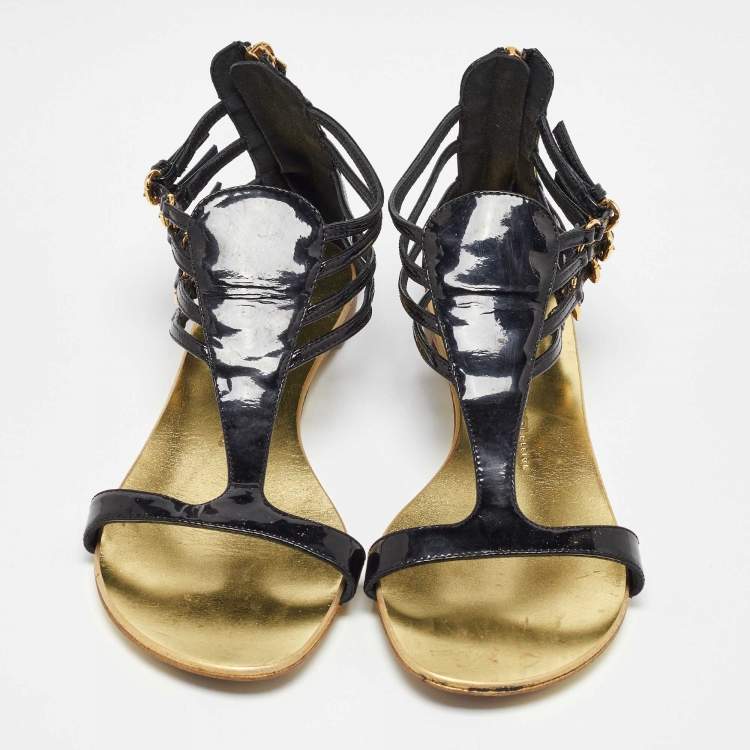 Pre Owned Giuseppe Zanotti Black Patent Leather Ankle Strap Flat Sandals Size 40