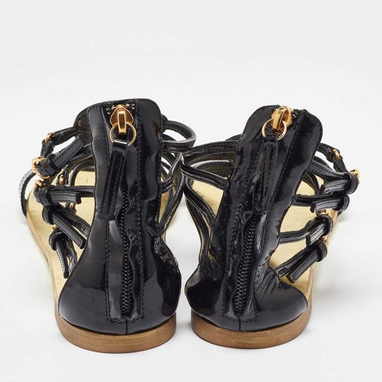 Pre Owned Giuseppe Zanotti Black Patent Leather Ankle Strap Flat Sandals Size 40