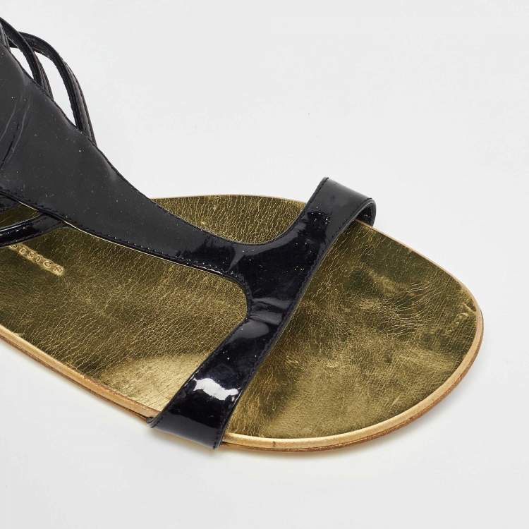 Pre Owned Giuseppe Zanotti Black Patent Leather Ankle Strap Flat Sandals Size 40