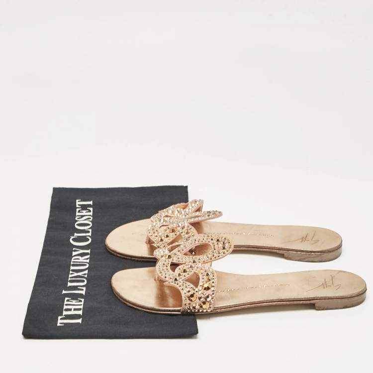 Pre Owned Giuseppe Zanotti Gold Crystal Embellished Suede Turchesite Flat Slides Size 37