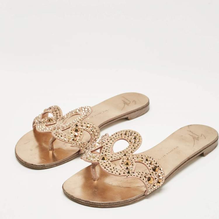 Pre Owned Giuseppe Zanotti Gold Crystal Embellished Suede Turchesite Flat Slides Size 37