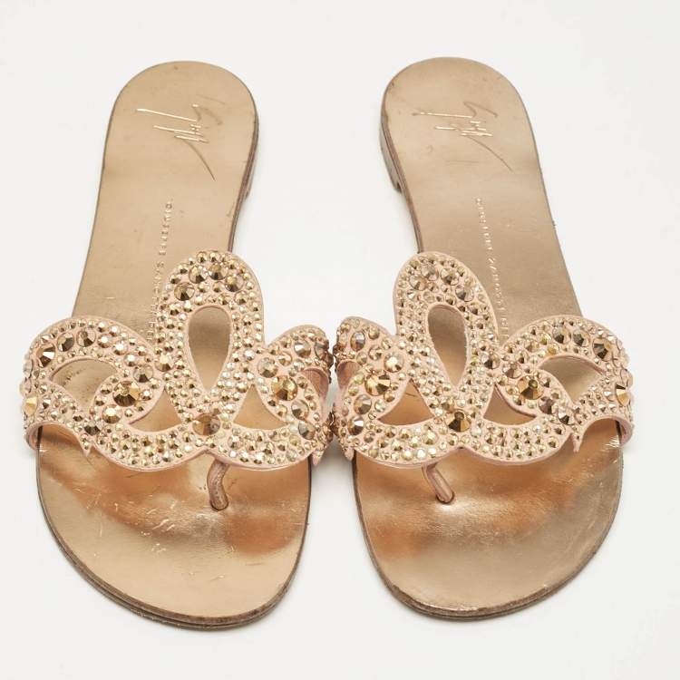Pre Owned Giuseppe Zanotti Gold Crystal Embellished Suede Turchesite Flat Slides Size 37