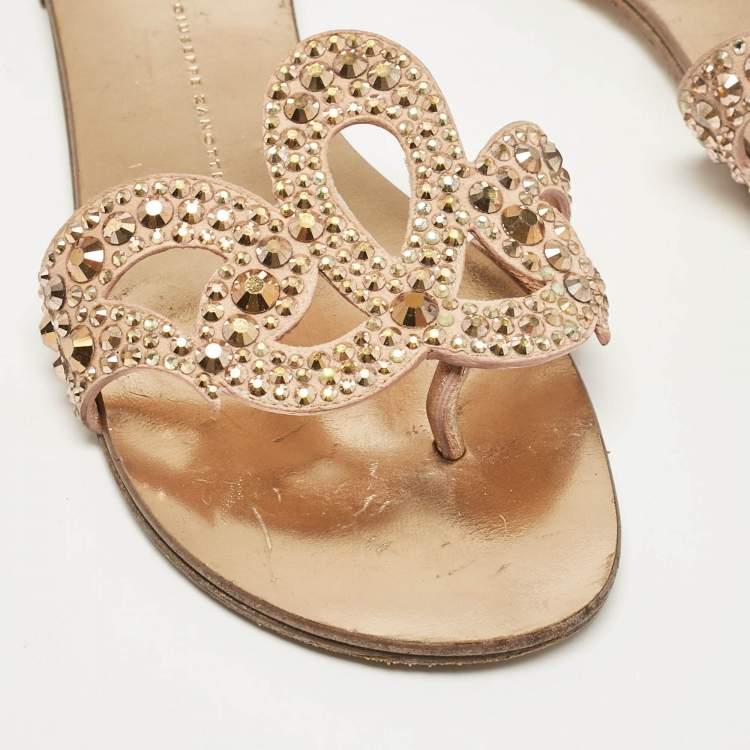 Pre Owned Giuseppe Zanotti Gold Crystal Embellished Suede Turchesite Flat Slides Size 37
