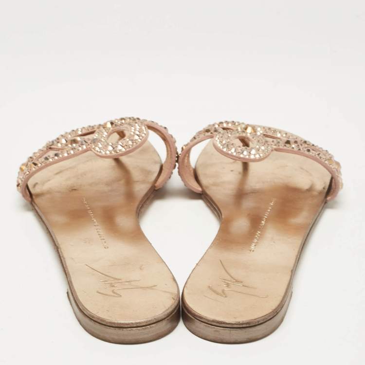 Pre Owned Giuseppe Zanotti Gold Crystal Embellished Suede Turchesite Flat Slides Size 37