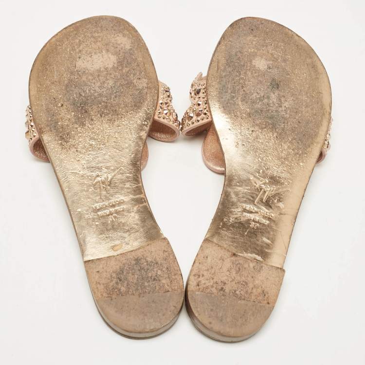 Pre Owned Giuseppe Zanotti Gold Crystal Embellished Suede Turchesite Flat Slides Size 37