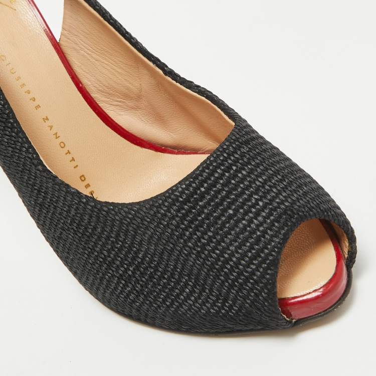 Pre Owned Giuseppe Zanotti Black Canvas and Patent Leather Peep Toe Pumps Size 36