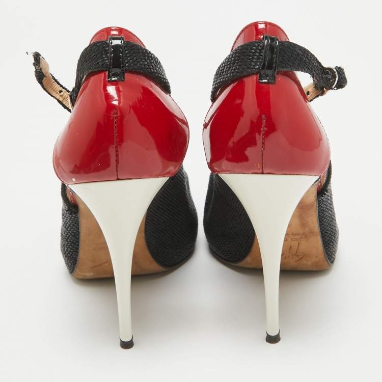 Pre Owned Giuseppe Zanotti Black Canvas and Patent Leather Peep Toe Pumps Size 36