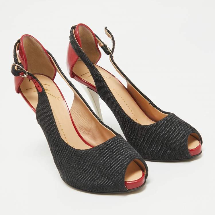 Pre Owned Giuseppe Zanotti Black Canvas and Patent Leather Peep Toe Pumps Size 36