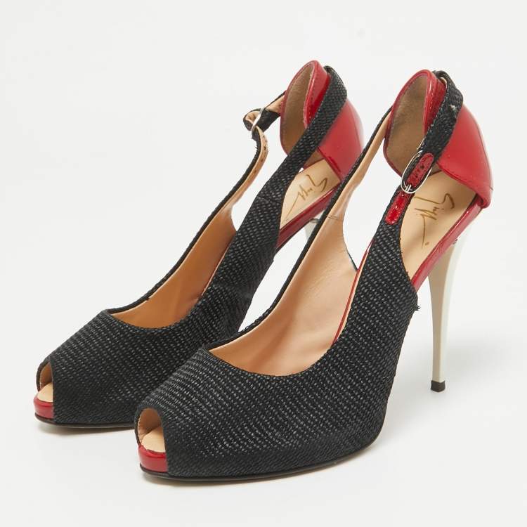 Pre Owned Giuseppe Zanotti Black Canvas and Patent Leather Peep Toe Pumps Size 36