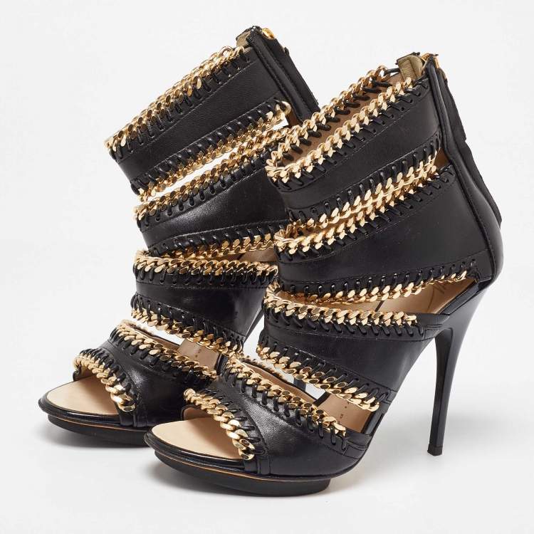 Pre Owned Giuseppe Zanotti Black Leather Chain Embellished Trim Cut Out Sandals Size 35.5