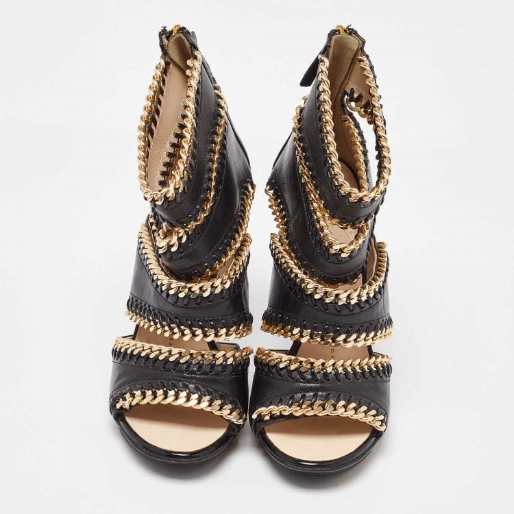 Pre Owned Giuseppe Zanotti Black Leather Chain Embellished Trim Cut Out Sandals Size 35.5