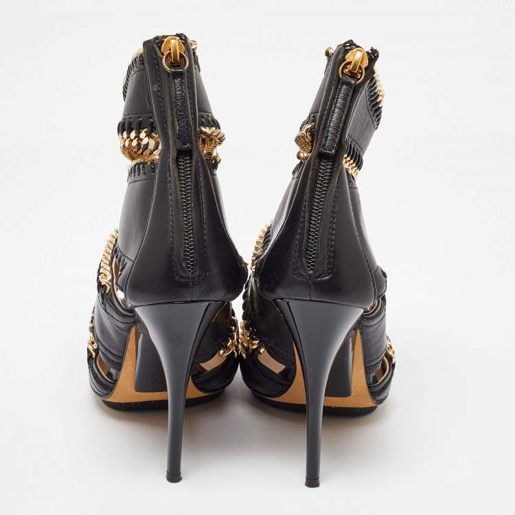 Pre Owned Giuseppe Zanotti Black Leather Chain Embellished Trim Cut Out Sandals Size 35.5