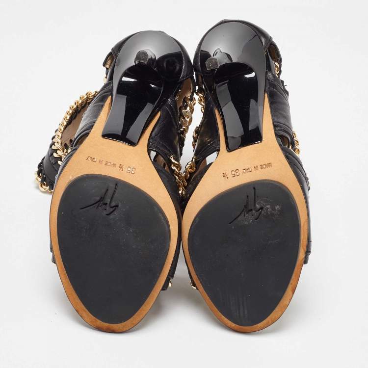 Pre Owned Giuseppe Zanotti Black Leather Chain Embellished Trim Cut Out Sandals Size 35.5